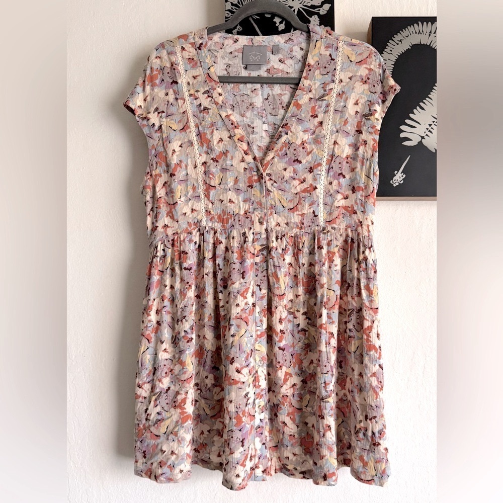 Anthropologie Floral Cream Pink Blue Cap-Sleeve Babydoll Dress